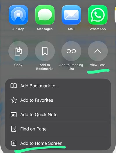 Menu de compartilhar do iOS com a opção Adicionar à Tela de Início destacada