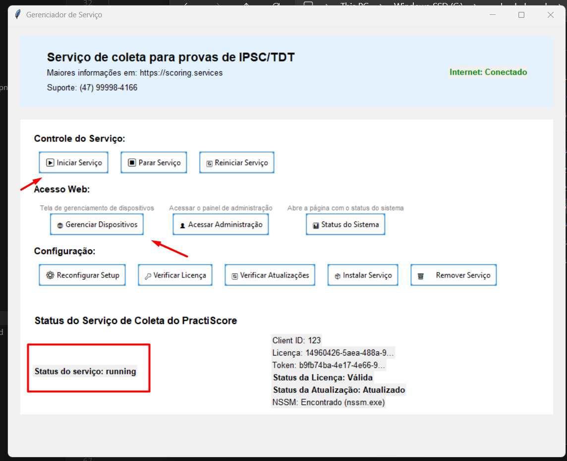 Serviço rodando — indicador ativo após Iniciar Serviço