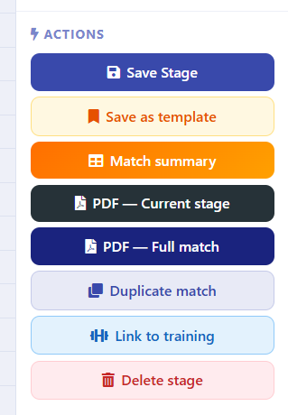Painel de ações com salvar, PDF, templates e treino