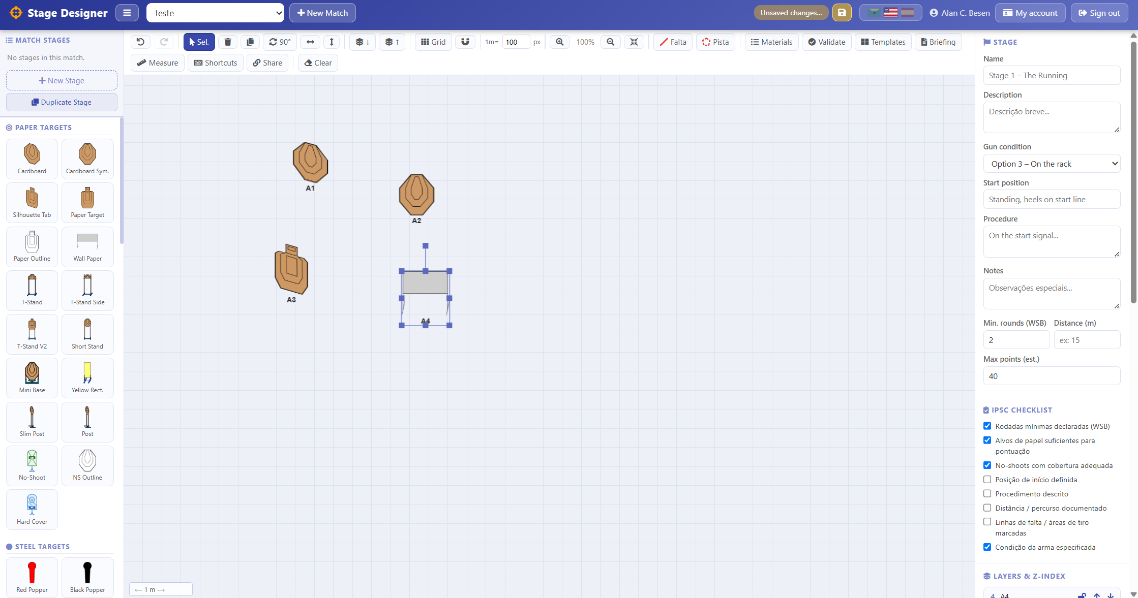 Editor principal do Stage Designer com canvas, alvos e painel WSB