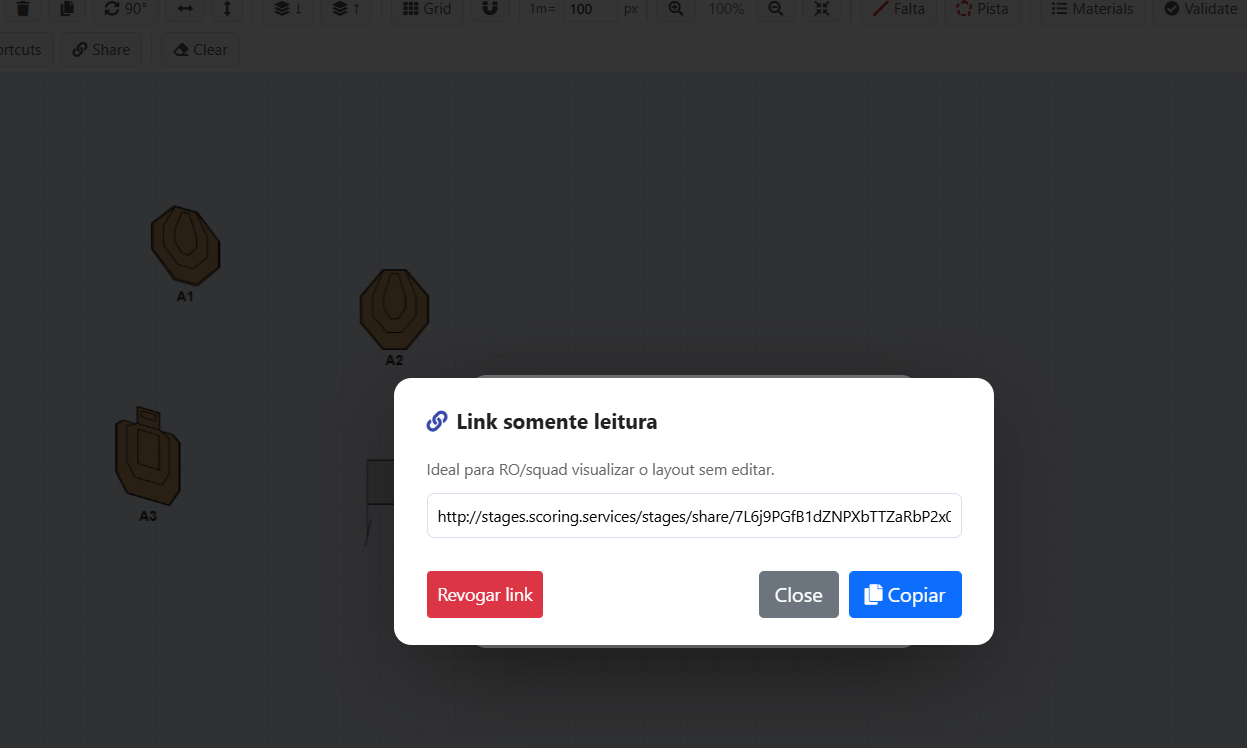 Modal de compartilhamento com link somente leitura para RO